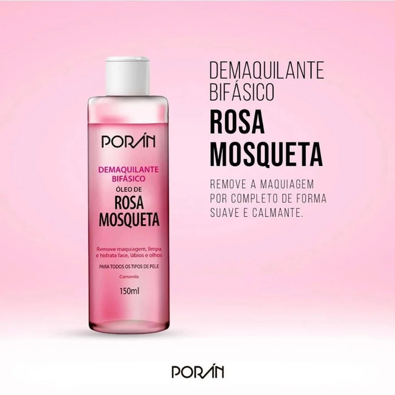 Demaquilante Bifasico com Oleo de Rosa Mosqueta 150ml Poran - Remove maquiagem a prova d'água