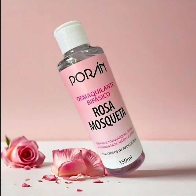 Demaquilante Bifasico com Oleo de Rosa Mosqueta 150ml Poran - Remove maquiagem a prova d'água